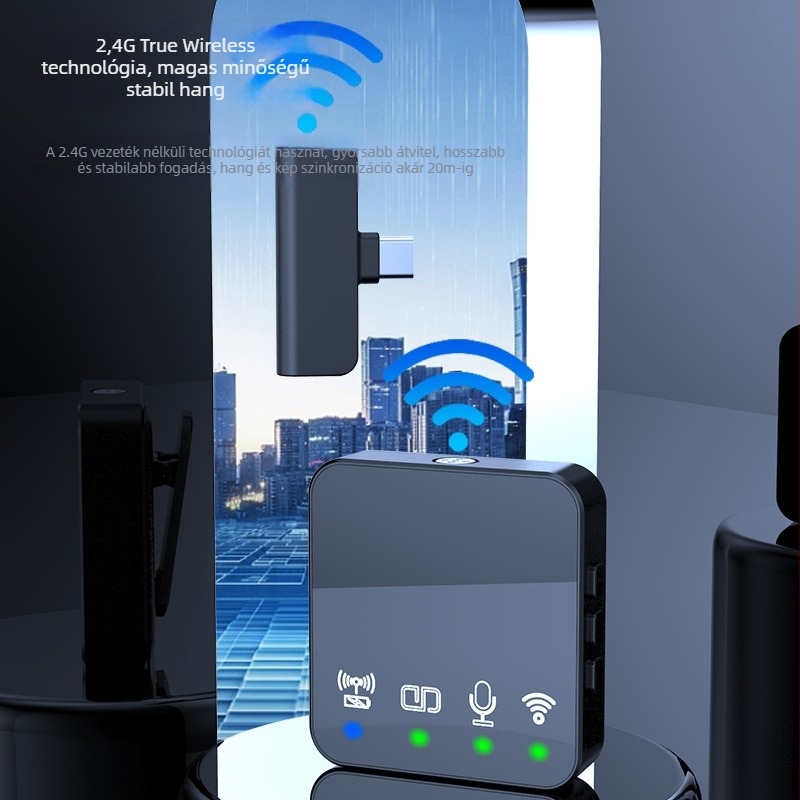 Bluetooth lavalier mikrofon klippel – Bluetooth 5.3, 20 Hz–20 kHz, SNR ≥70 dB, beépített 300–500 mAh, üzemidő 6–8 óra (Bluetooth 5.3; 20 Hz–20 kHz; SNR ≥70 dB; 300–500 mAh; 6–8 óra)