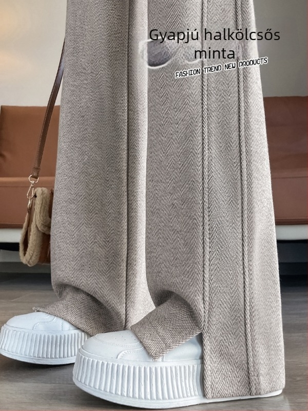 Női gyapjú nadrág ősz-télre, magas derék, fleece bélés, széles szabás, herringbone textúra