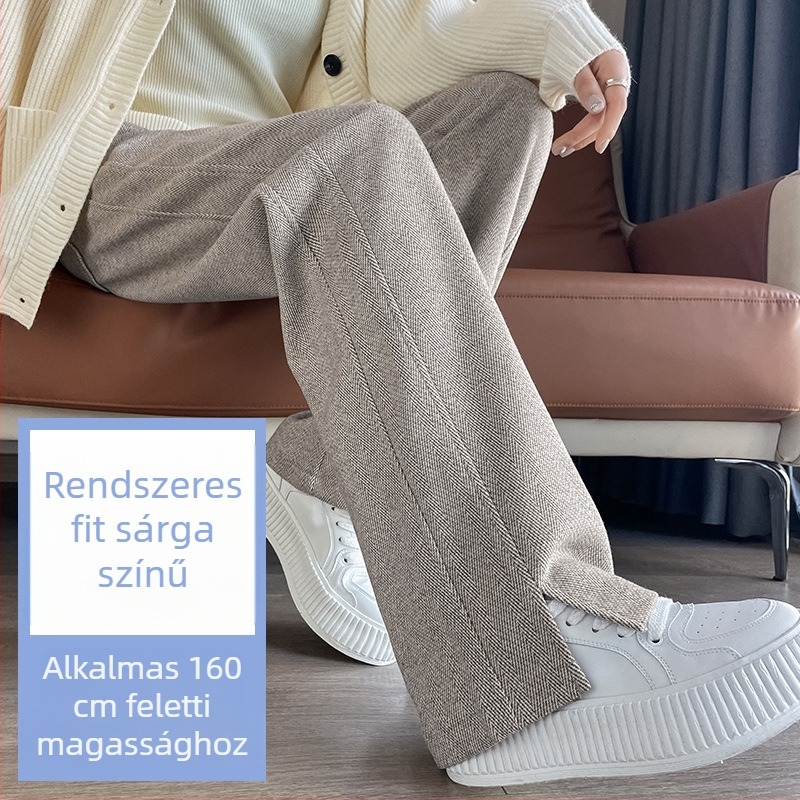 Női gyapjú nadrág ősz-télre, magas derék, fleece bélés, széles szabás, herringbone textúra