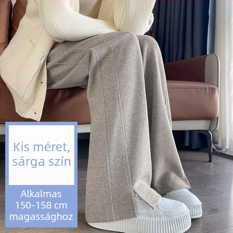 Női gyapjú nadrág ősz-télre, magas derék, fleece bélés, széles szabás, herringbone textúra