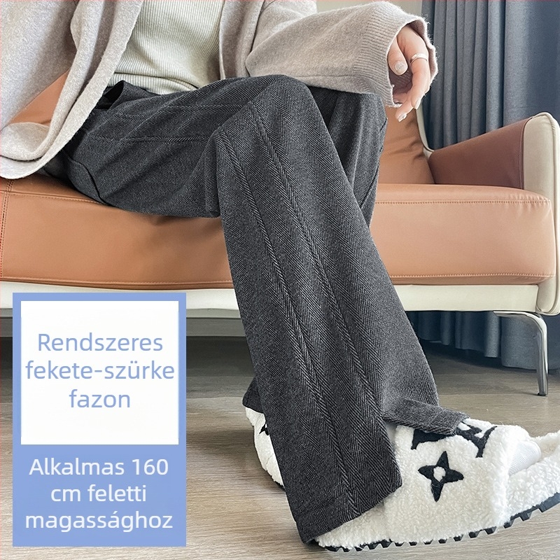 Női gyapjú nadrág ősz-télre, magas derék, fleece bélés, széles szabás, herringbone textúra