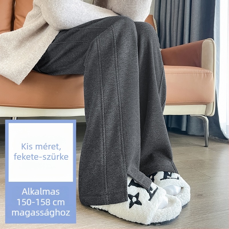 Női gyapjú nadrág ősz-télre, magas derék, fleece bélés, széles szabás, herringbone textúra