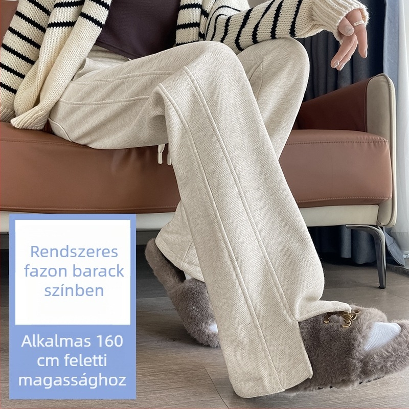 Női gyapjú nadrág ősz-télre, magas derék, fleece bélés, széles szabás, herringbone textúra