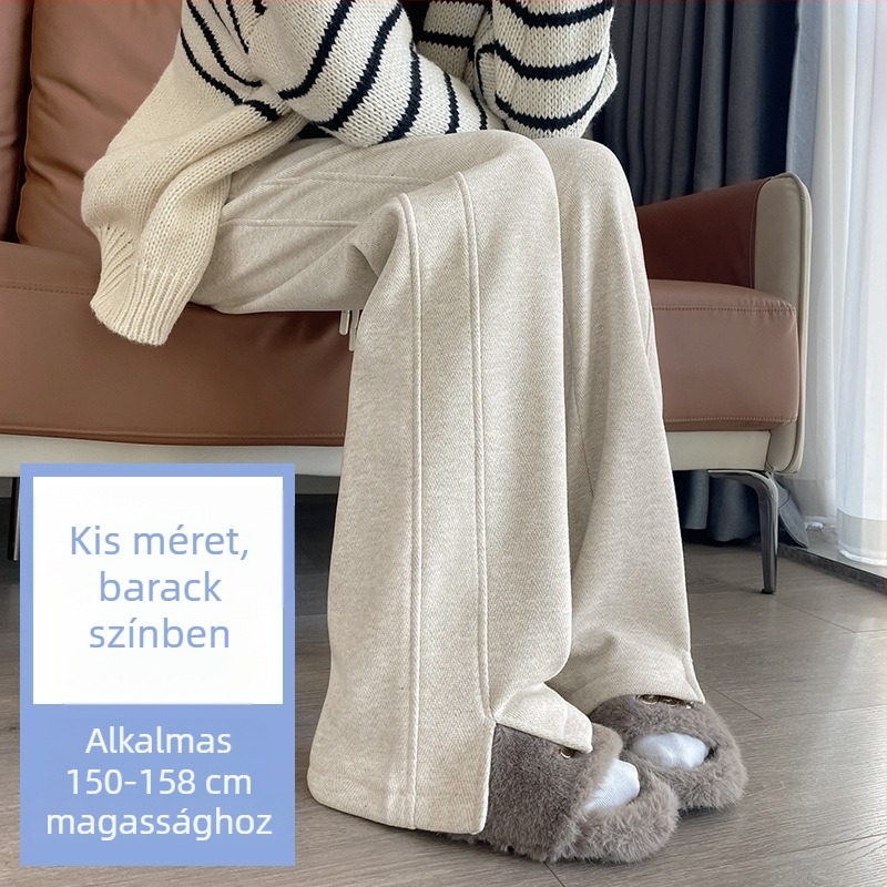 Női gyapjú nadrág ősz-télre, magas derék, fleece bélés, széles szabás, herringbone textúra