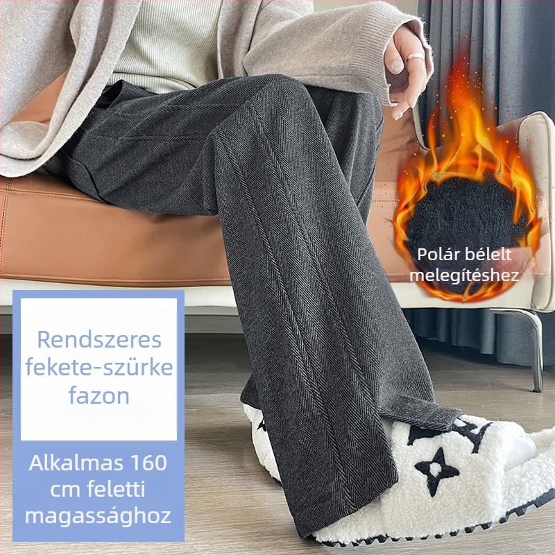 Női gyapjú nadrág ősz-télre, magas derék, fleece bélés, széles szabás, herringbone textúra