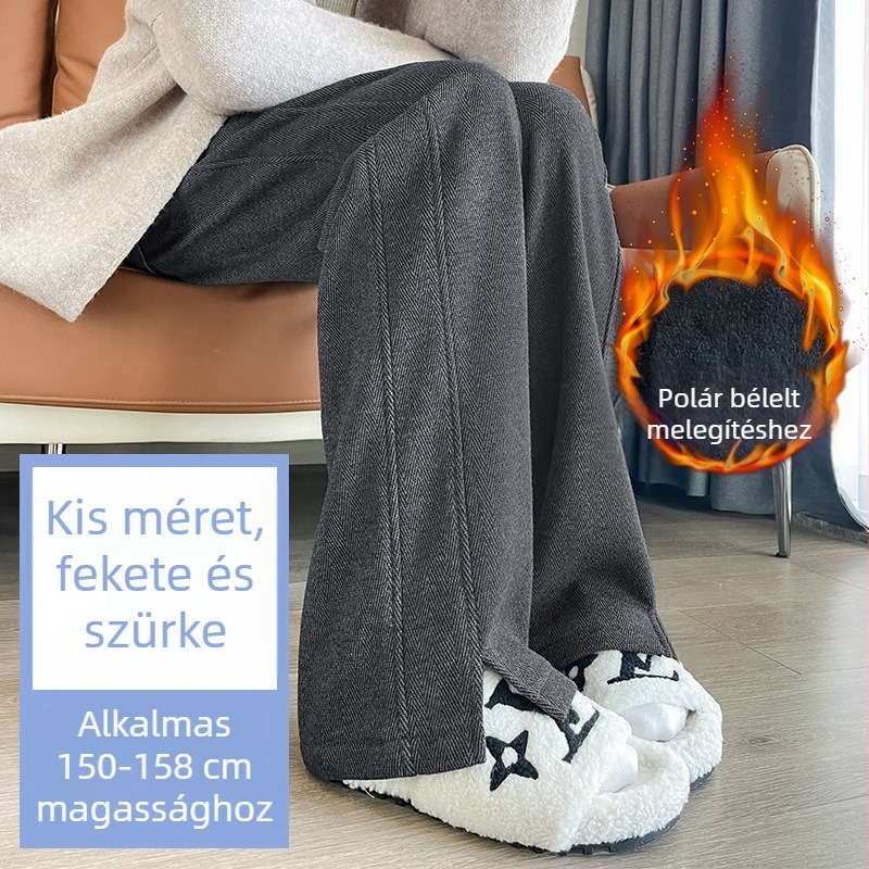 Női gyapjú nadrág ősz-télre, magas derék, fleece bélés, széles szabás, herringbone textúra