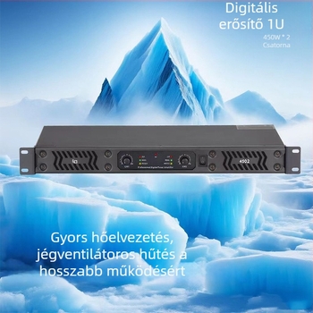 Kétcsatornás professzionális digitális erősítő színpadi hangrendszerhez, 450W, 4–8 Ω, 20 Hz–20 kHz, THD 0,005%