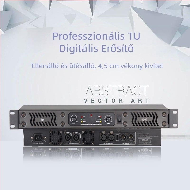 Kétcsatornás professzionális digitális erősítő színpadi hangrendszerhez, 450W, 4–8 Ω, 20 Hz–20 kHz, THD 0,005%