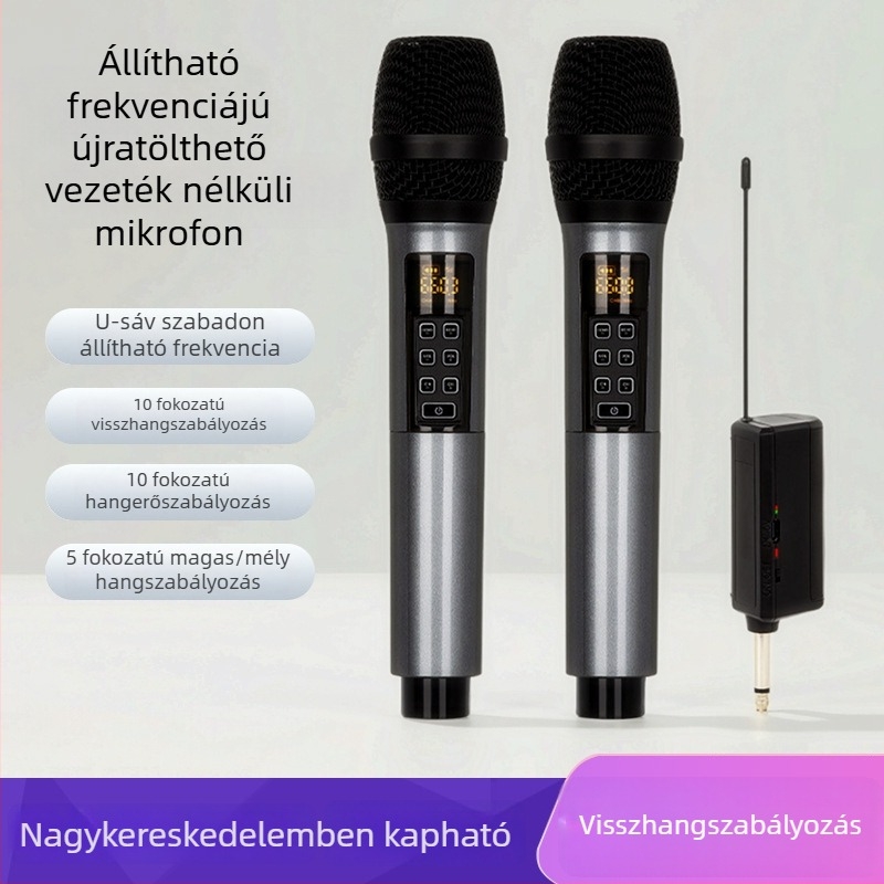 Többcélú vezeték nélküli mikrofon reverberációkkal karaoke, élő közvetítéshez, színpadra és otthoni használatra, beépített hangkártyával, állítható frekvenciájú univerzális mikrofon