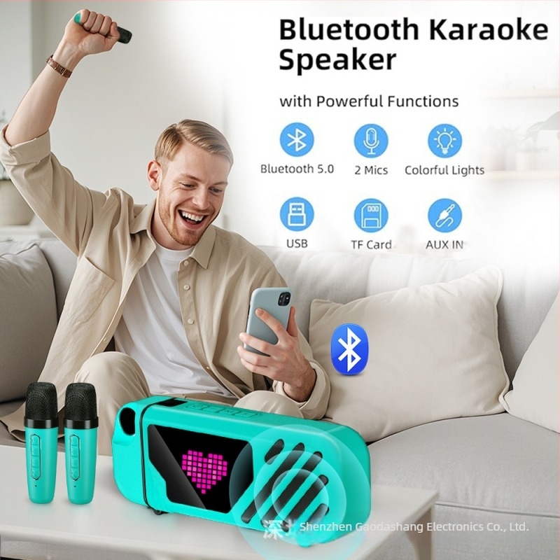 Karaoke készülék LED pixeles kijelzővel és Bluetooth vezeték nélküli mikrofonnal, integrált hangszóró (Bluetooth 5.3; 2 hangszórós rendszer; kimeneti teljesítmény 10–20W; frekvenciasáv 100 Hz–20 kHz; SNR ≥70 dB)