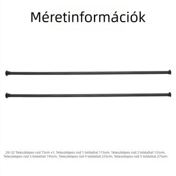 Teleszkópos gardróbrúd belső zárval és perforált rögzítéssel; kihúzható függönyrúd és ruhaszárító rúd