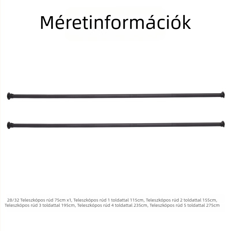 Teleszkópos gardróbrúd belső zárval és perforált rögzítéssel; kihúzható függönyrúd és ruhaszárító rúd