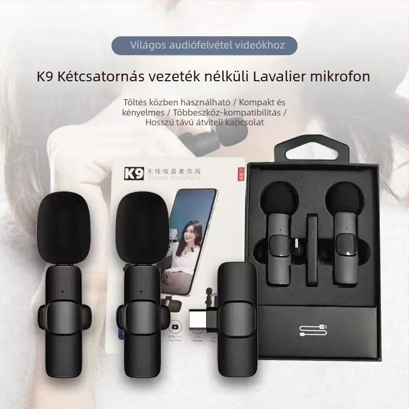 K9 Kétsávos vezeték nélküli lavalier mikrofon élő közvetítésre, professzionális felvételre, 2,1-csatornás, Bluetooth 5.0, beépített 50–100 mAh akkumulátor