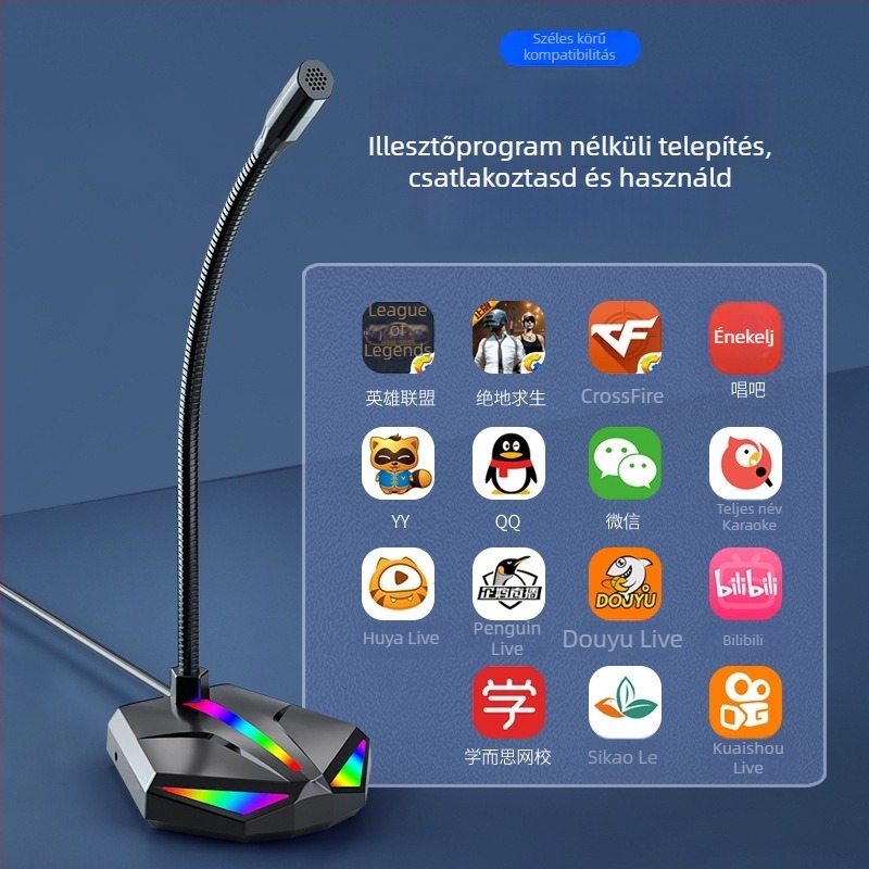H2 USB számítógépes mikrofon játékokhoz és beszélgetésekhez, 2-csatornás, 20Hz-20kHz tartomány, USB 5V, állvánnyal