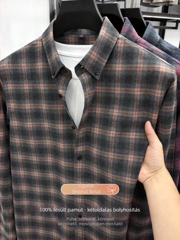 100% pamutból készült, kockás ing, hosszú ujjú, tavasz–ősz, üzleti casual viselet