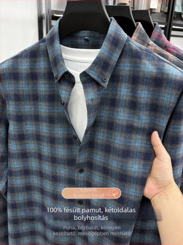 100% pamutból készült, kockás ing, hosszú ujjú, tavasz–ősz, üzleti casual viselet