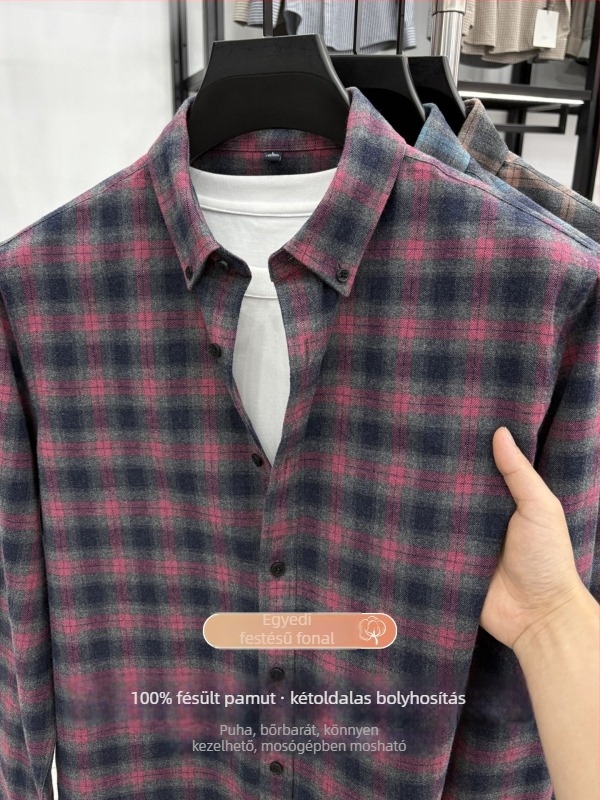 100% pamutból készült, kockás ing, hosszú ujjú, tavasz–ősz, üzleti casual viselet