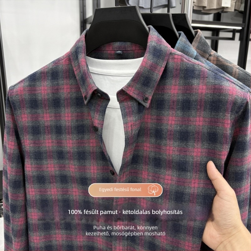 100% pamutból készült, kockás ing, hosszú ujjú, tavasz–ősz, üzleti casual viselet