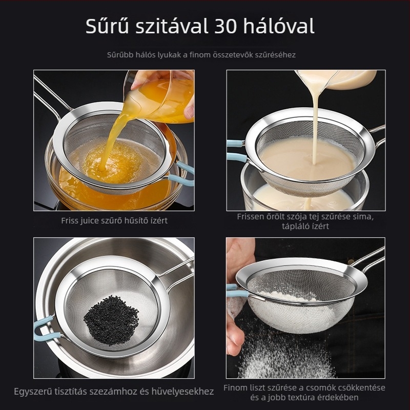 Liszt-szita 60-es hálóval, 304 rozsdamentes acélból, kézi használat, háztartási sütéshez