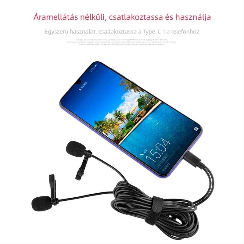 Type-C vezetékes klipszes mikrofon, kondenzátor mikrofon, klipszes kivitel, 2.5 m kábel, 20 Hz–20 kHz, SNR ≥75 dB