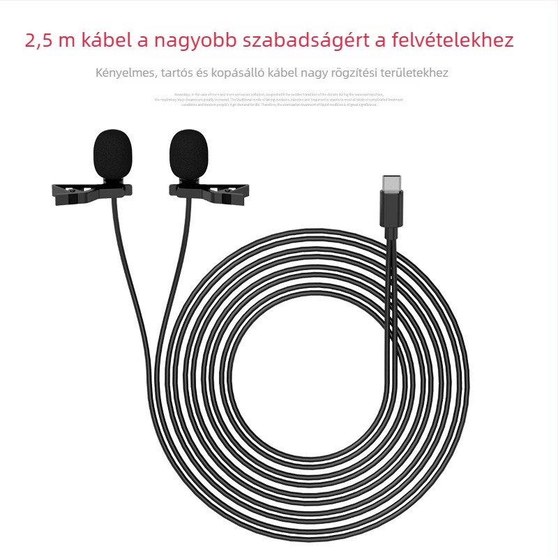 Type-C vezetékes klipszes mikrofon, kondenzátor mikrofon, klipszes kivitel, 2.5 m kábel, 20 Hz–20 kHz, SNR ≥75 dB