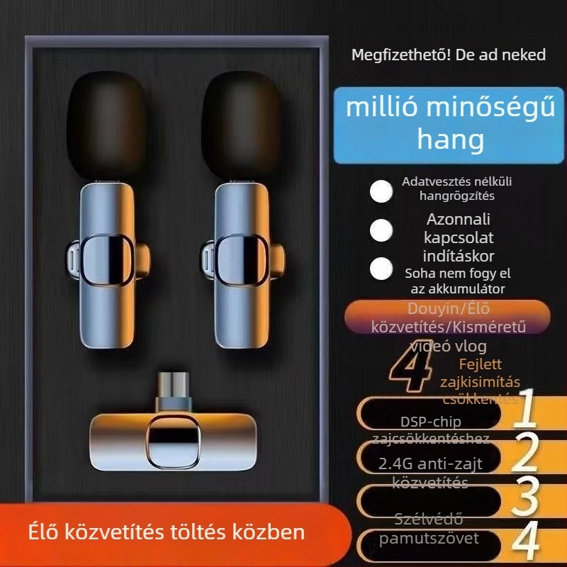 Zajcsökkentő vezeték nélküli lavalier mikrofon, 1-2 átvitellel, élő felvételhez, Android és iOS kompatibilis, kültéri használatra