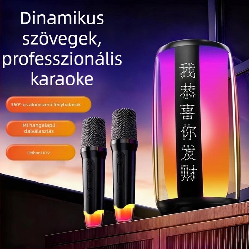 Karaoke Bluetooth hangszóró két mikrofonnal, szövegkijelzővel, beépített akkumulátor (Bluetooth 5.3, 40 Hz-20 kHz, SNR ≥85 dB)
