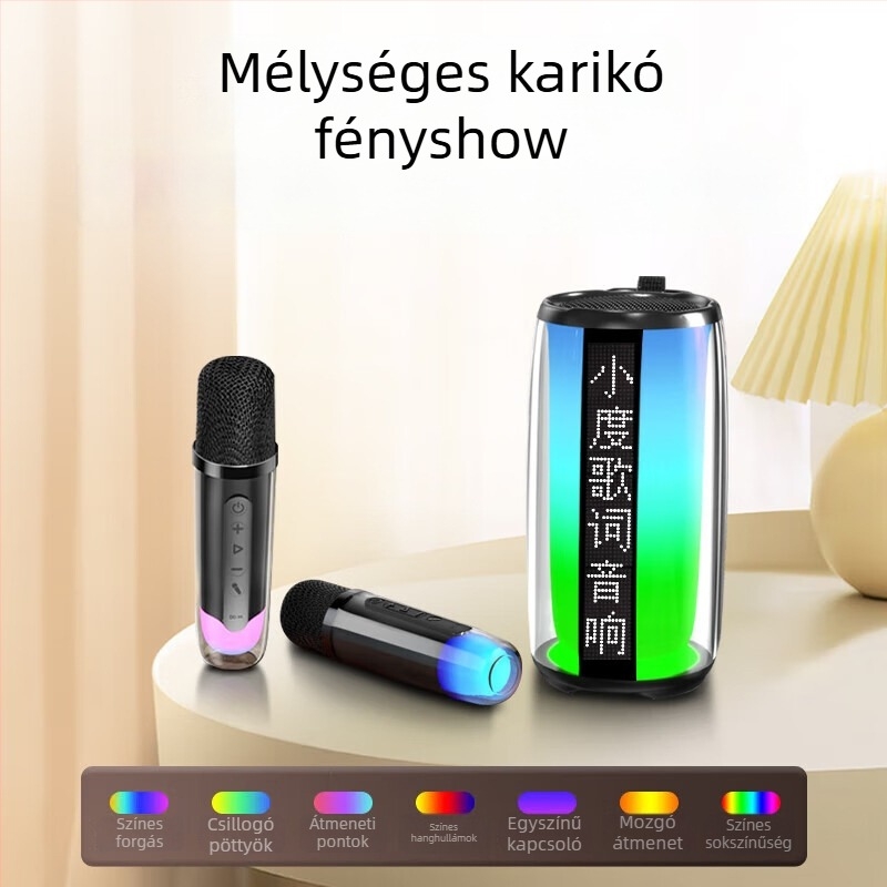 Karaoke Bluetooth hangszóró két mikrofonnal, szövegkijelzővel, beépített akkumulátor (Bluetooth 5.3, 40 Hz-20 kHz, SNR ≥85 dB)