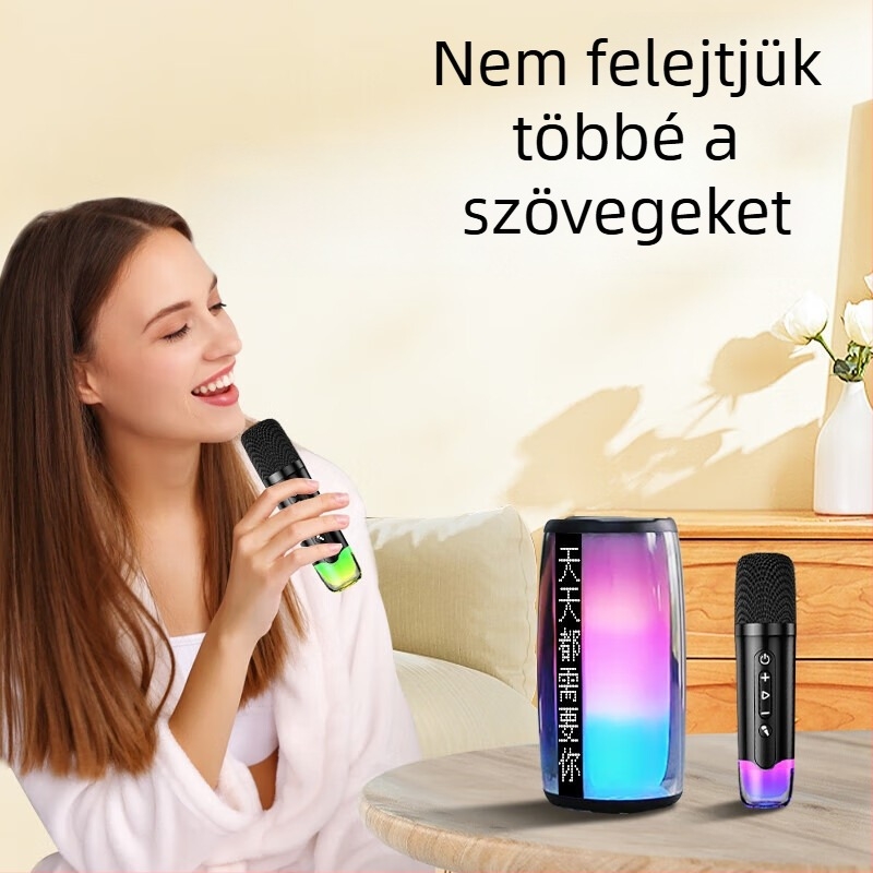 Karaoke Bluetooth hangszóró két mikrofonnal, szövegkijelzővel, beépített akkumulátor (Bluetooth 5.3, 40 Hz-20 kHz, SNR ≥85 dB)