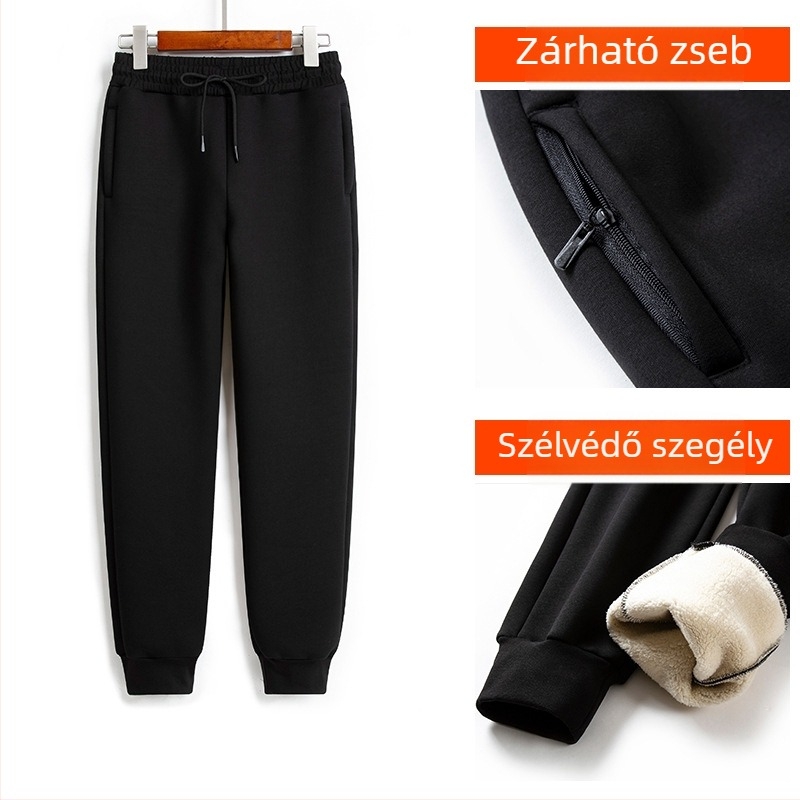 Női casual nadrág Sherpa bélés, poliészter-elasztán keverék, magas derék, vastag meleg, téli 2023