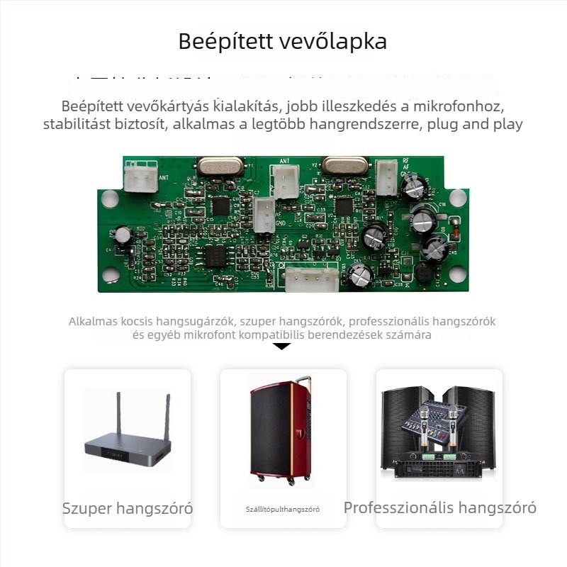 UHF Vezeték nélküli mikrofonrendszer akkumulátoros hangszóróval és görgős kocsival, beépített vevőegységgel és erősítővel — Tartalmaz két vezeték nélküli mikrofont antennával, frekvenciatartomány 100 Hz–20 kHz, SNR ≥ 75 dB