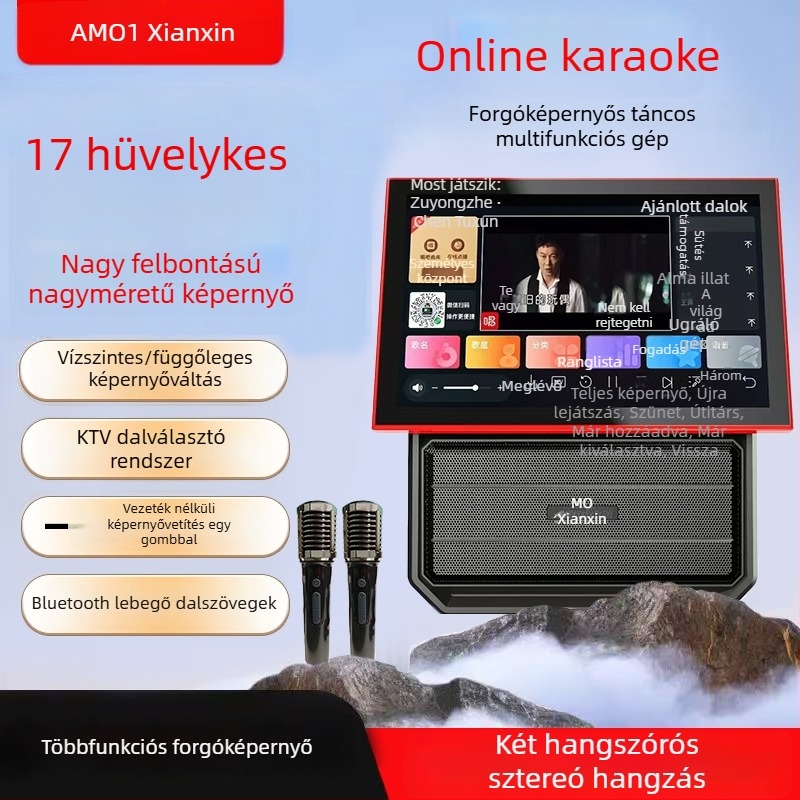 K27 Vezeték nélküli All-in-One Karaoke Hangszóró Bluetooth-szal, beépített 14,1 hüvelykes kijelzővel, két 4 hüvelykes basszus hangszóróval, otthoni és kültéri karaoke