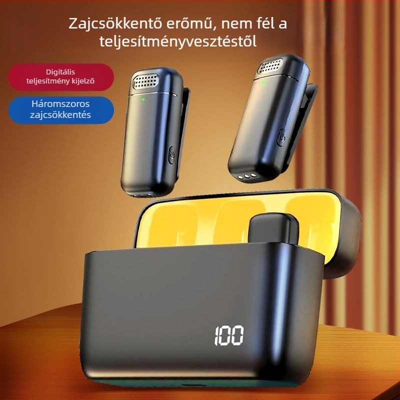 Élő közvetítéshez tervezett mikrofon beépített akkumulátorral, alacsony zaj (<60 dB), 1 W teljesítmény, kondenzátor típusú rádiótuner