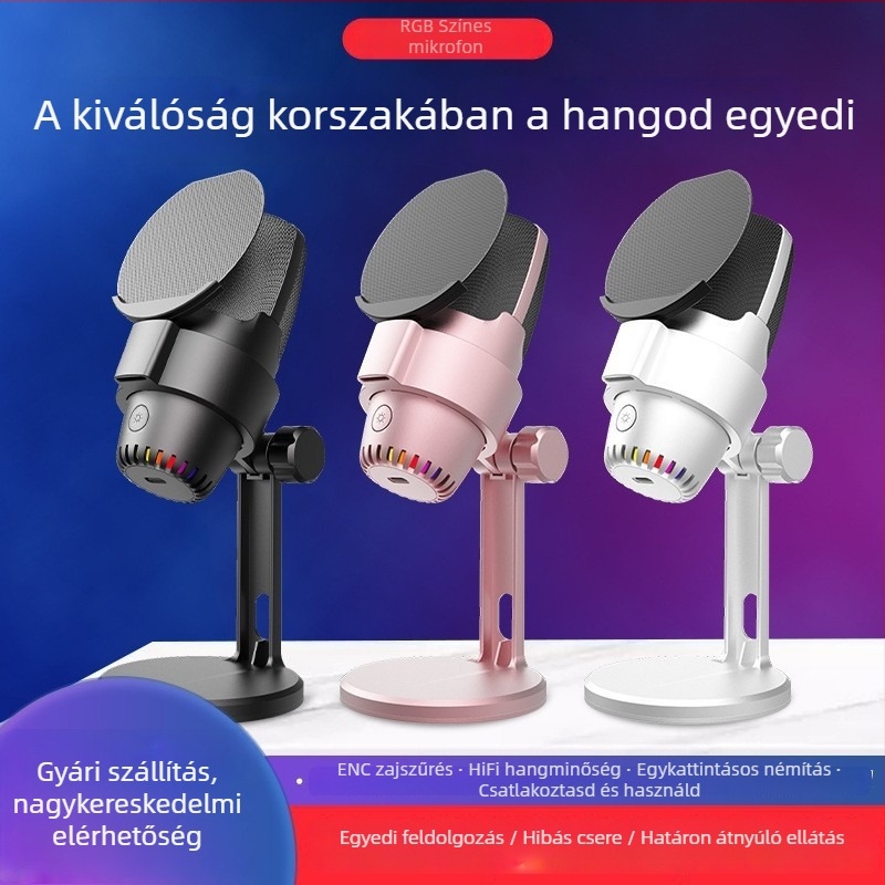 USB asztali kondenzátoros mikrofon felvételhez és élő közvetítéshez, modell M9, RGB világítás, SNR ≥ 75 dB, 5V tápegység