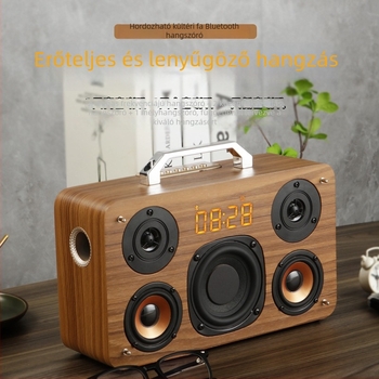 Hordozható fából készült Bluetooth hangszóró kültéri karaokehoz, nagy teljesítményű hangzás, beépített mikrofon, USB- és TF-kártya támogatás, beépített akkumulátor