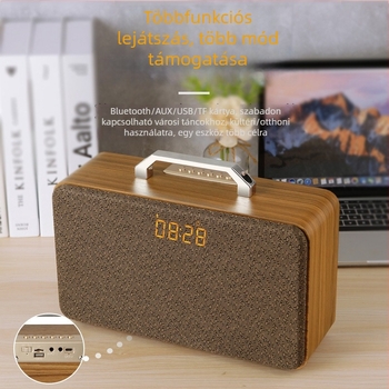 Hordozható fából készült Bluetooth hangszóró kültéri karaokehoz, nagy teljesítményű hangzás, beépített mikrofon, USB- és TF-kártya támogatás, beépített akkumulátor