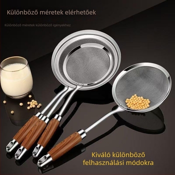 Rozsdamentes acélból készült szűrőkanál fa nyelűvel habképződéshez, sütéshez és olaj elválasztásához; szita szója tejéhez és liszthez