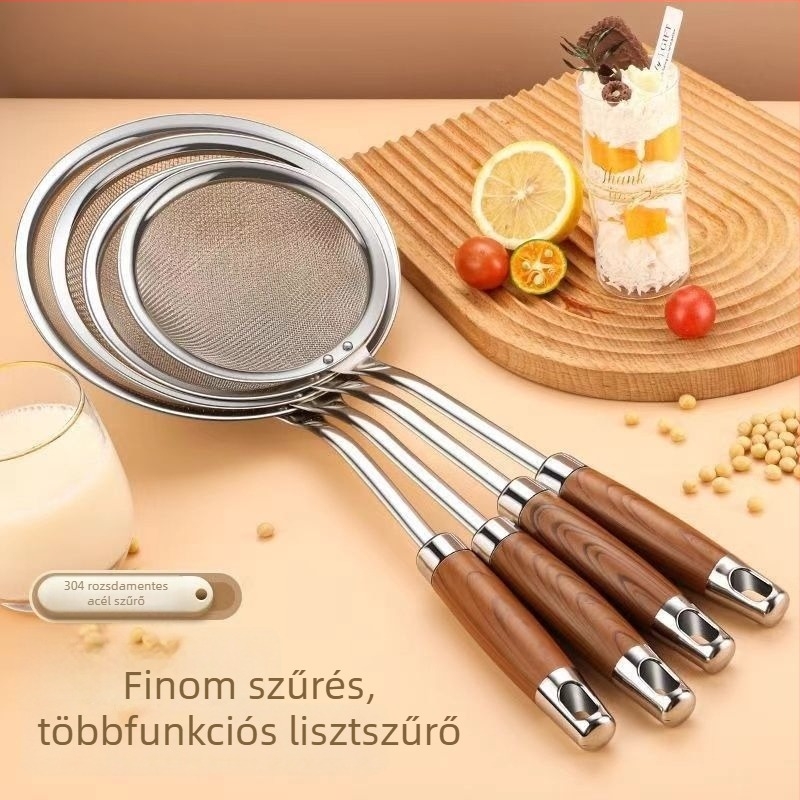 Rozsdamentes acélból készült szűrőkanál fa nyelűvel habképződéshez, sütéshez és olaj elválasztásához; szita szója tejéhez és liszthez