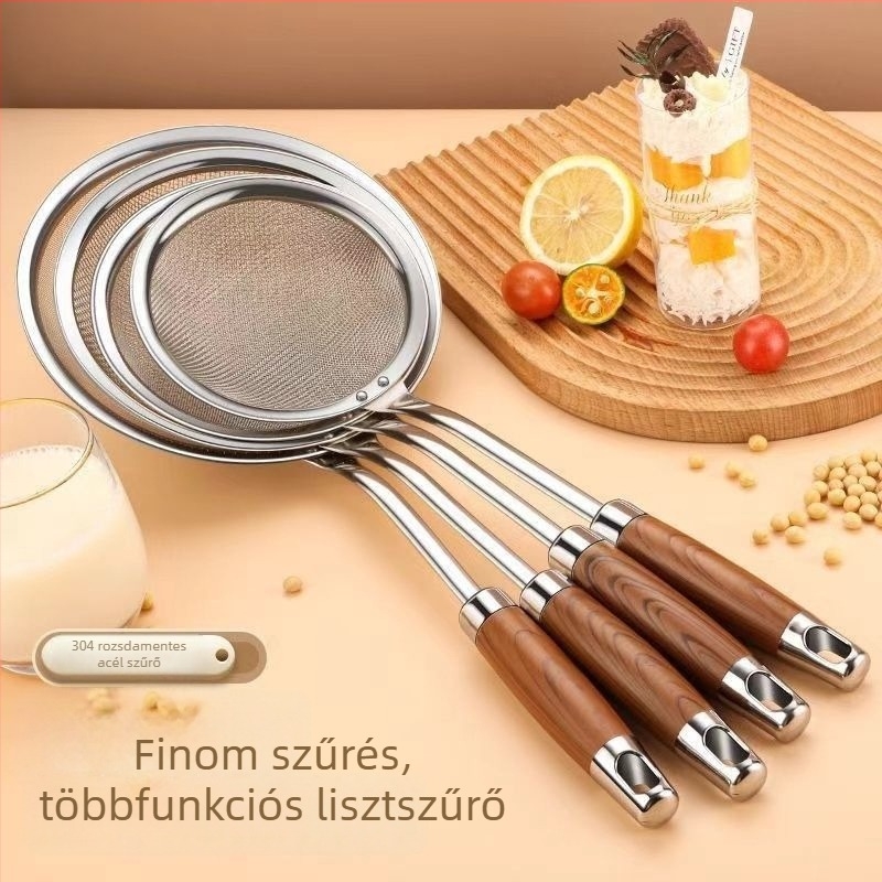 Rozsdamentes acélból készült szűrőkanál fa nyelűvel habképződéshez, sütéshez és olaj elválasztásához; szita szója tejéhez és liszthez