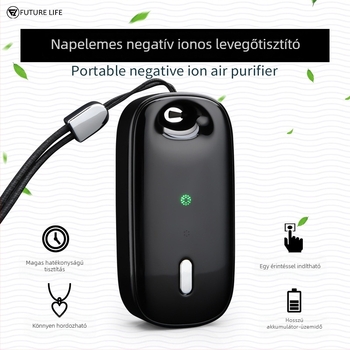 Viselhető nyakörv-típusú légtisztító negatív ion technológiával, USB-tápellátás, ultra-csendes működés, levegőáramlás 51–150 m³/h, alkalmas helyiségekben legfeljebb 10 m²-ig