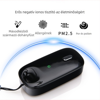 Viselhető nyakörv-típusú légtisztító negatív ion technológiával, USB-tápellátás, ultra-csendes működés, levegőáramlás 51–150 m³/h, alkalmas helyiségekben legfeljebb 10 m²-ig