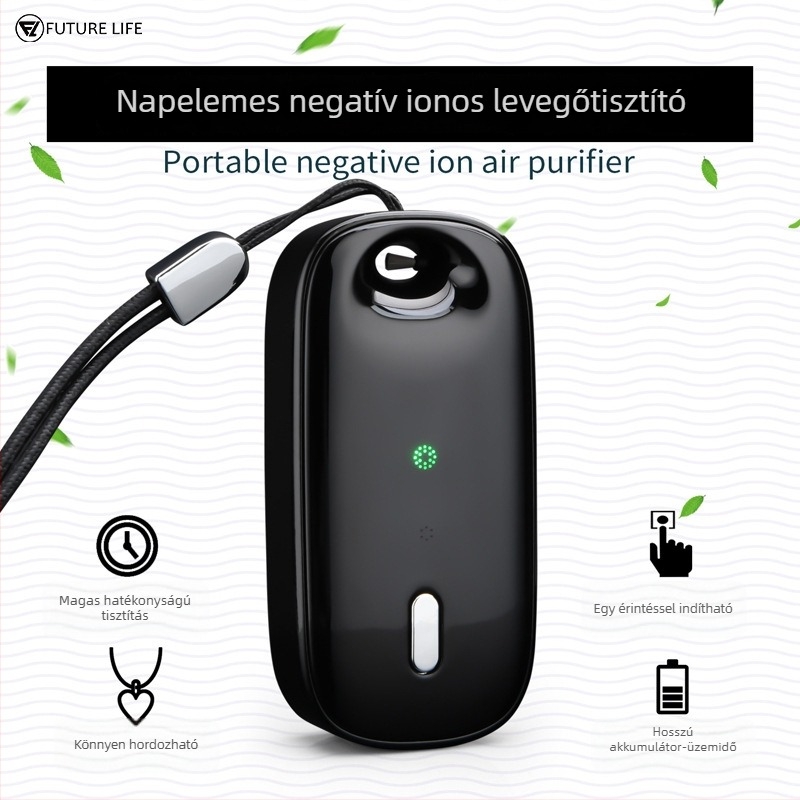 Viselhető nyakörv-típusú légtisztító negatív ion technológiával, USB-tápellátás, ultra-csendes működés, levegőáramlás 51–150 m³/h, alkalmas helyiségekben legfeljebb 10 m²-ig