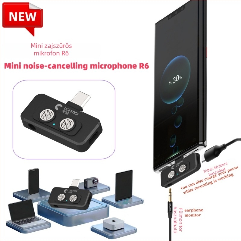 USB-C kétsmikrofonos mikrofon vlogginghoz és videófelvételhez, AI zajcsökkentés, plug‑and‑play