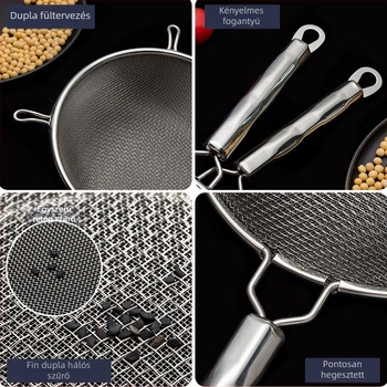 304 rozsdamentes acélból készült kettős hálós szita kolander – gyümölcslevek szűrésére és liszt átszitálására, csúszásmentes, dupla kampó