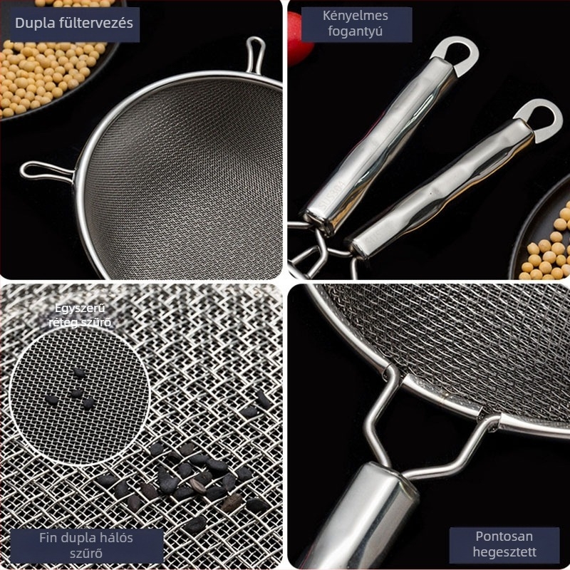 304 rozsdamentes acélból készült kettős hálós szita kolander – gyümölcslevek szűrésére és liszt átszitálására, csúszásmentes, dupla kampó
