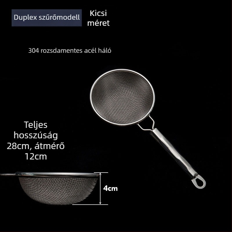 304 rozsdamentes acélból készült kettős hálós szita kolander – gyümölcslevek szűrésére és liszt átszitálására, csúszásmentes, dupla kampó