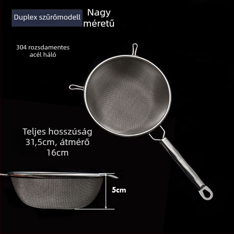 304 rozsdamentes acélból készült kettős hálós szita kolander – gyümölcslevek szűrésére és liszt átszitálására, csúszásmentes, dupla kampó