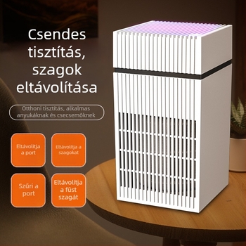 Asztali levegőtisztító otthonra: formaldehid, szag és állatszőr eltávolítása; UV+HEPA technológia; 50 m3/h, zaj ≤36 dB, USB tápegység, telepítés nélküli, 21–30 m2-es területre