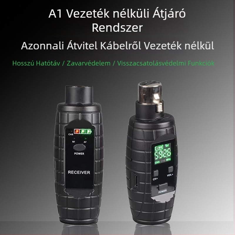 A2 Hordozható dinamikus mikrofonrendszer vezeték nélküli átvitellel (UHF) – Modell A2; Transducer: mozgó tekercs; SNR ≥ 95 dB; Akkumulátor: Nincs; Eredet: Jiangmen