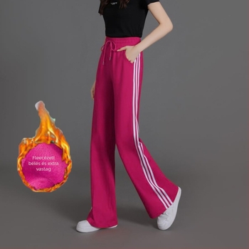 Női magas derekú, enyhén szélesedő sportnadrág három csíkkal, viszkóz szálas anyagból